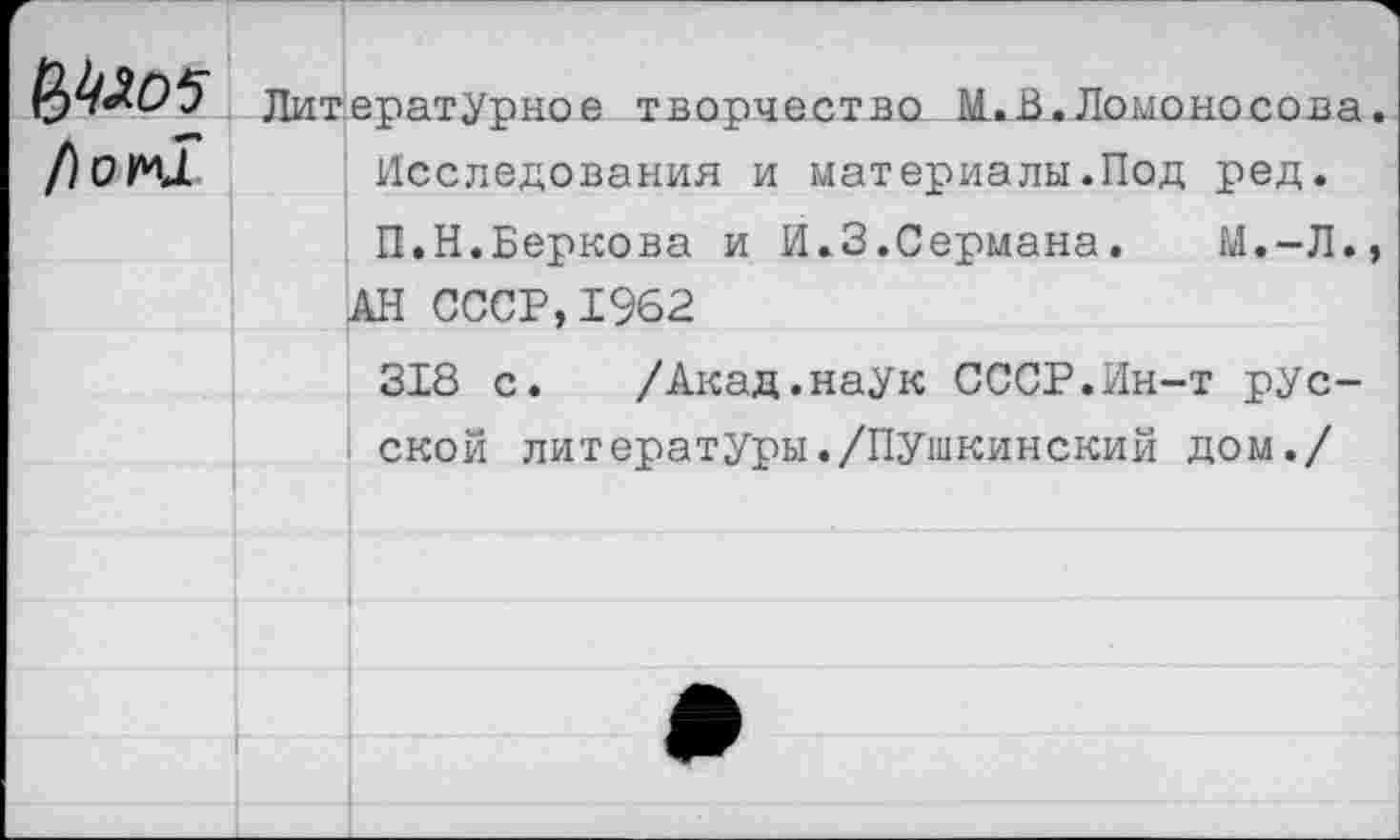 ﻿(№05
Литературное творчество М.В.Ломоносова
Исследования и материалы.Под ред.
П.Н.Беркова и И.З.Сермана. М.-Л.
АН СССР,1962
318 с. /Акад.наук СССР.Ин-т русской литературы./Пушкинский дом./